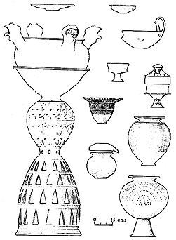 Servicio de banquete etrusco arcaico procedente de contexto de hábitat en Ficana (Etru- ria). Segunda mitad del s. VII a.C. Según Rathje.