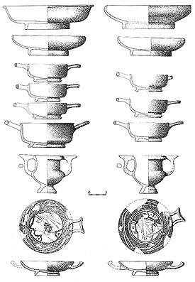Acumulación de vasos áticos para bebida en el ajuar de la tumba 200 de El Cigarralejo (Murcia). Principios del s. IV a.C. Museo de Mula. Según E. Cuadrado.