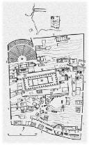Ilustración de Plano del recinto sagrado de Apolo en Delfos, vistas y plano del estadio.