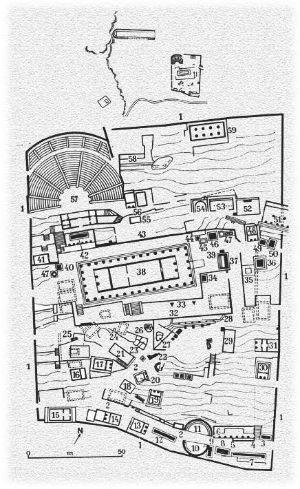 Ilustración de Plano del recinto sagrado de Apolo en Delfos, vistas y plano del estadio.