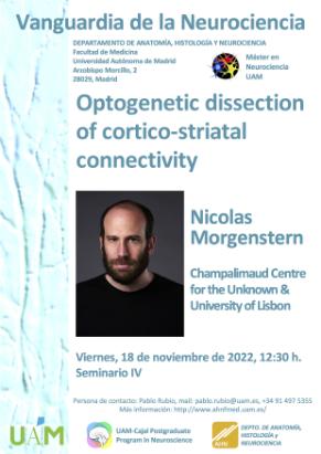 Cartel del Seminario Vanguardia de la Neurociencia: Optogenetic dissection of cortico-striatal connectivity. Dr. Nicolas Morgenstern.