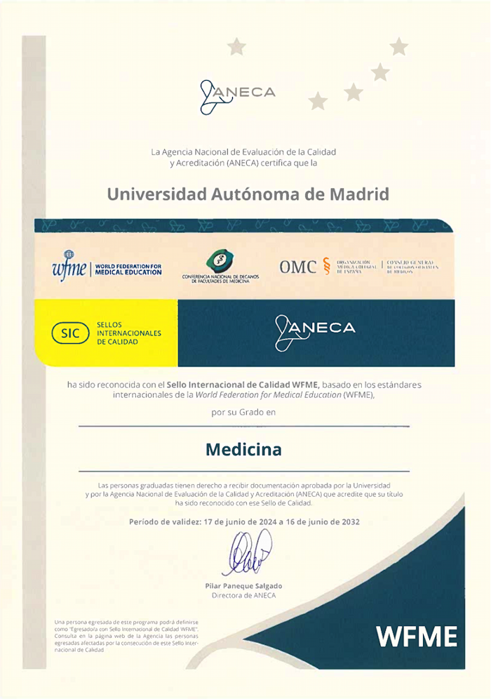 Certificado del Sello Internacional de Calidad WFME, emitido por la ANECA