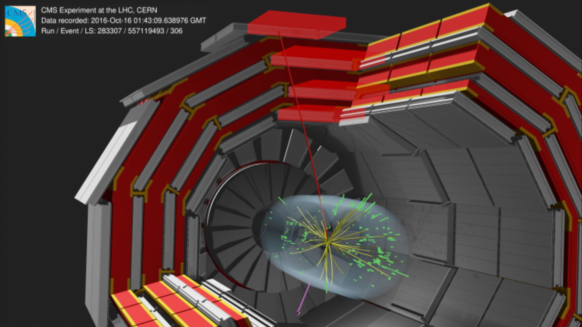 Suceso recogido por el detector CMS en el que se visualiza la traza de un muón (en rojo), que atraviesa las cuatro capas del detector central de muones (estructuras en rojo). La flecha morada indicaría la dirección de escape del neutrino. 