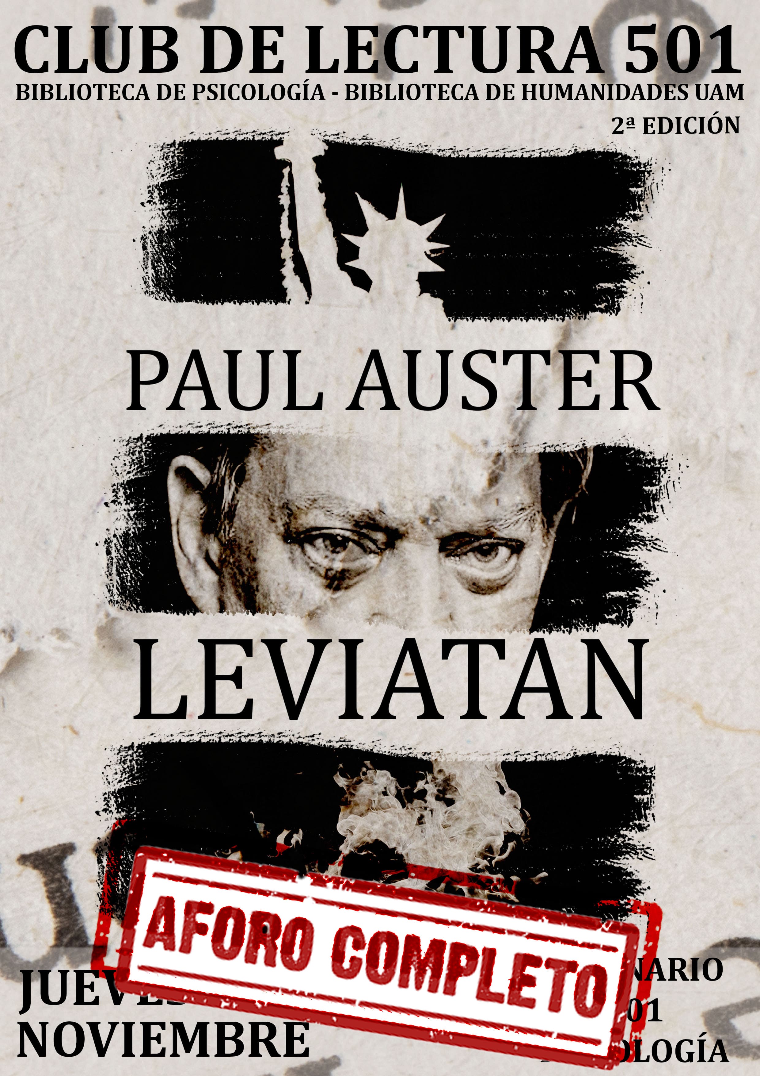 Poster del club de lectura con la obra Leviatán de Paul Auster