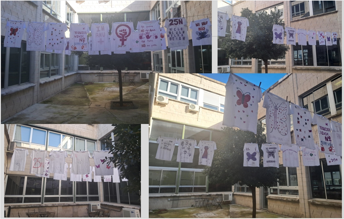 Fotografía de la exposición de camisetas contra la violencia de género en el patio de la biblioteca de educación