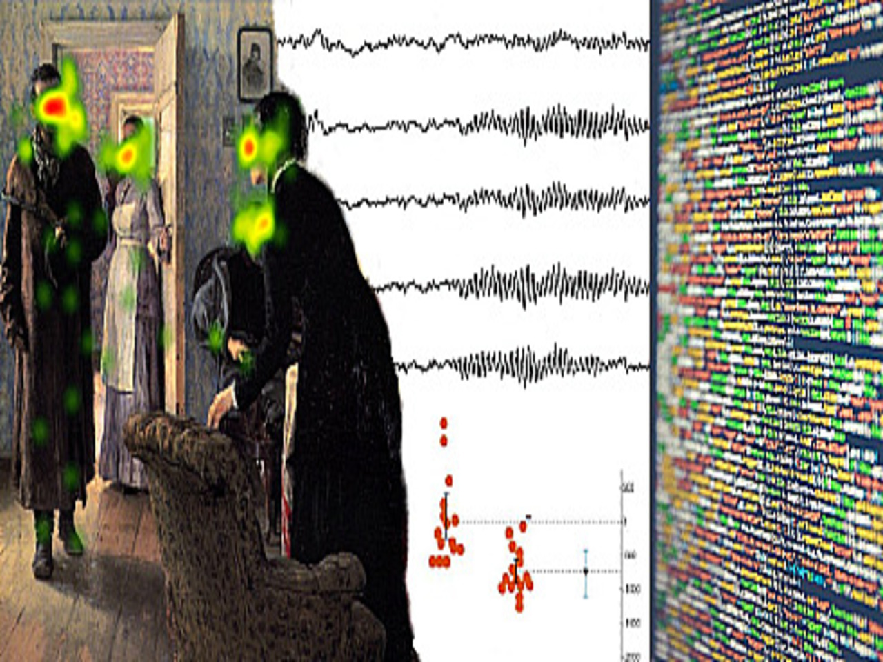 Imagen subdividida en tres con una primera parte a la izquierda de un cuadro antiguo con tres personas que intercambian ideas, una parte media con diferentes electrocardiogramas, y una parte a la derecha con análisis de datos en un ordenador.