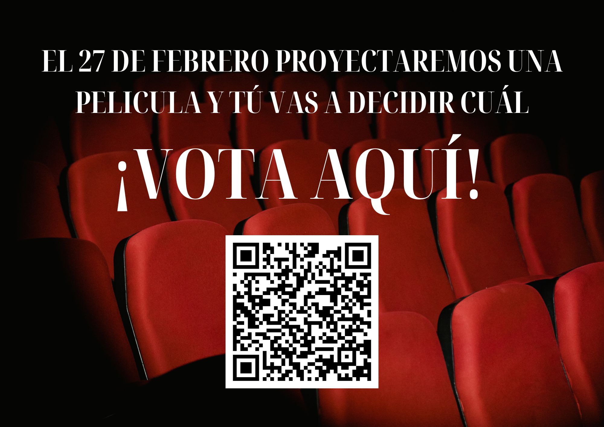 Cartel del evento de cine en la Biblioteca Politécnica de la UAM con votación de películas y horarios de proyección el 27F