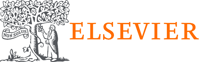 Logotipo de Elsevier, editorial de publicaciones científicas. La imagen muestra un árbol con hojas frondosas, debajo del cual hay una persona de pie con una vara o bastón, junto a un pergamino con la inscripción 'Non Solus'. A la derecha del árbol, el nombre 'Elsevier' está escrito en letras mayúsculas de color naranja.